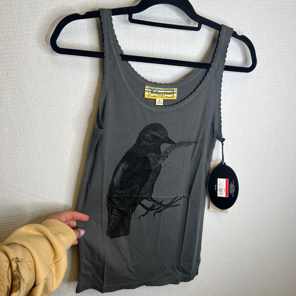 Libertine for Target Granite Gray Crow Graphic Tank Top Scallop Trim LB-11 NWT M